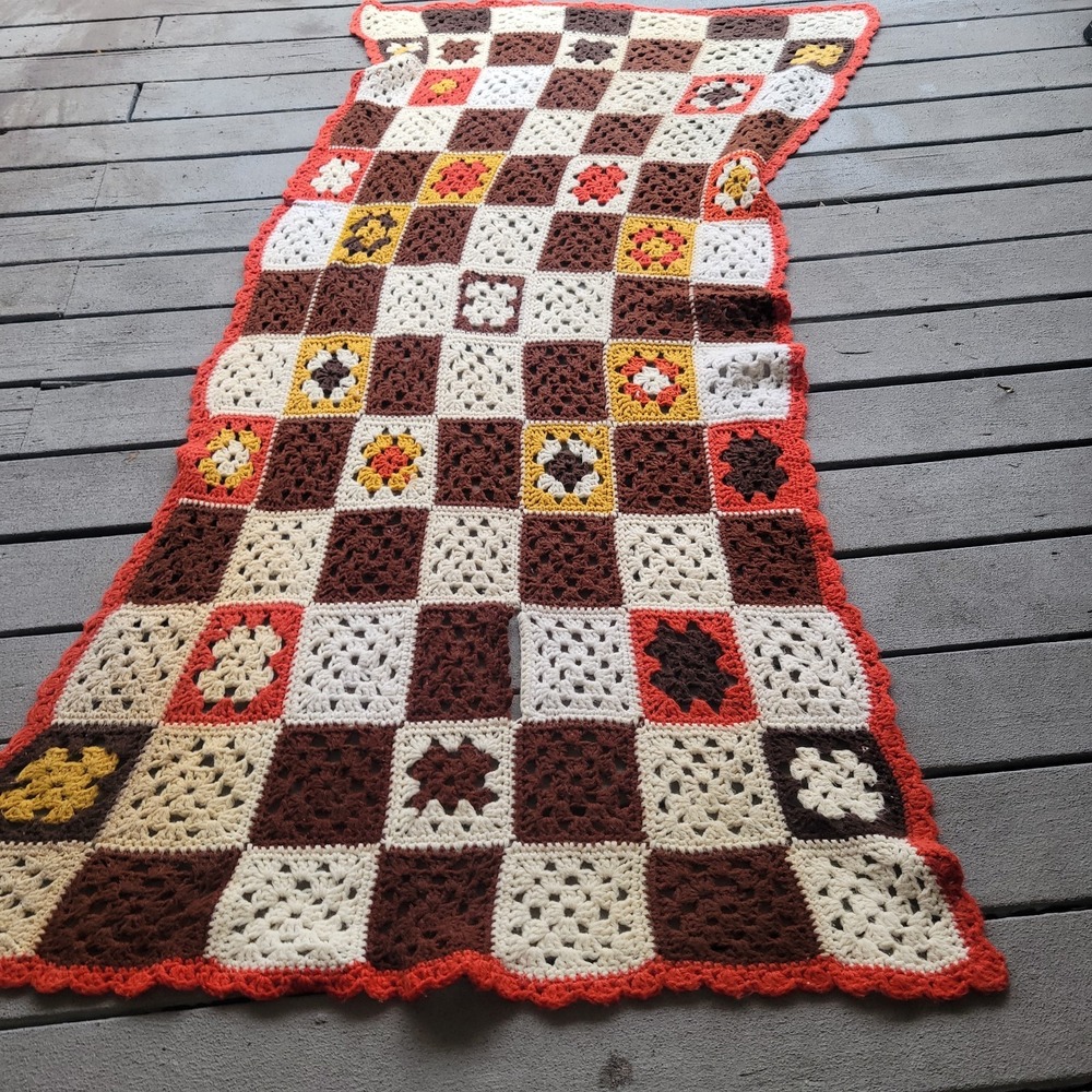 Vintage Granny Square Afghan 44" X 80" Colors Brown White Beige Orange Yellow